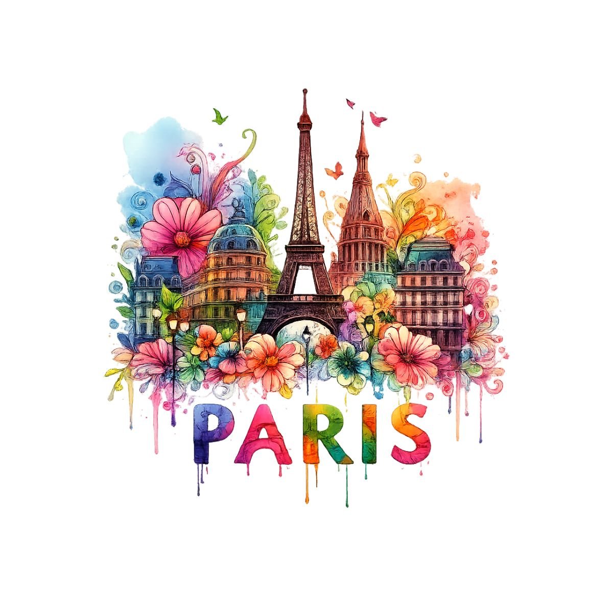 Paris PNG Sublimation Design | Colorful Floral Paris PNG | Eiffel Tower Travel PNG | France Digital Download | T-Shirt Design | DTF Transfer | Transparent PNG